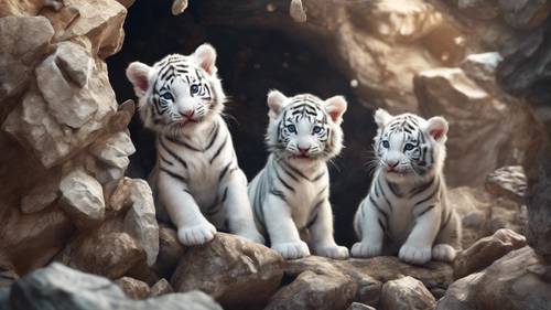 Curious white tiger kittens exploring a cave filled with gemstones.
