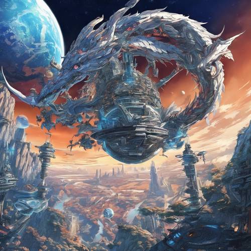 Station spatiale de style anime en forme de dragon en orbite autour d&#39;une planète bleue.