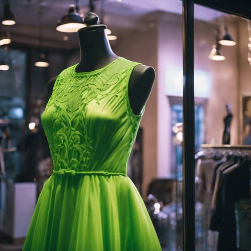 Um vestido verde neon pendurado em um manequim na vitrine de uma boutique sob um holofote.