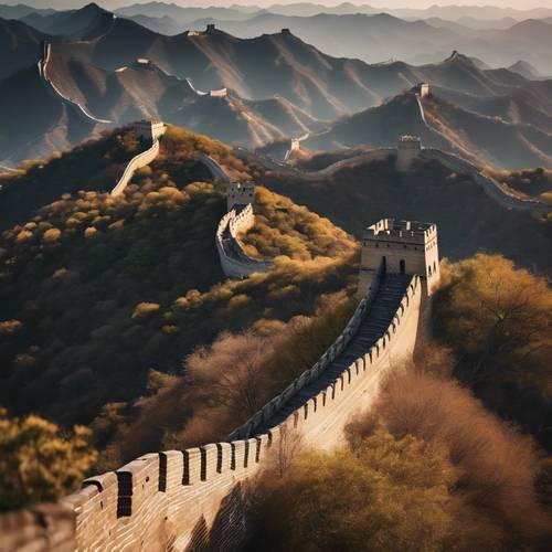 A dramatic bird's-eye view of the Great Wall of China winding across mountains Ფონი [a8b98b3046524b9181ee]