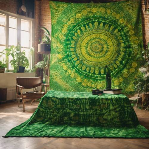 A sixties style room decorated with green tie-dye tapestries.