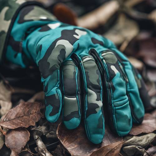 具有强大抓握力的蓝绿色迷彩手套的详细视图。