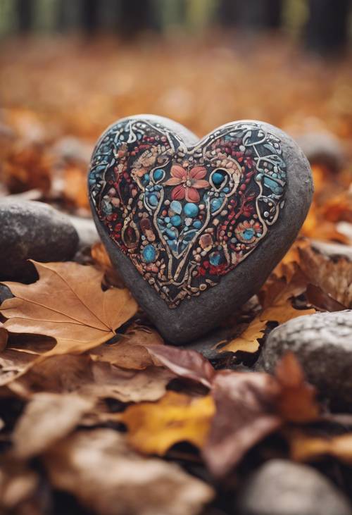 A heart-shaped stone embellished with boho patterns, lying in a serene forest setting during autumn.