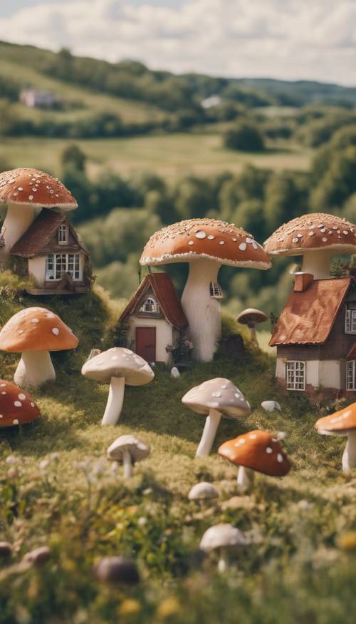 An indie band playing in a meadow surrounded by whimsical mushroom-shaped houses.