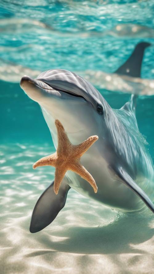 Un vivace delfino che lancia una stella marina con il muso nelle acque turchesi illuminate dal sole di una spiaggia caraibica.