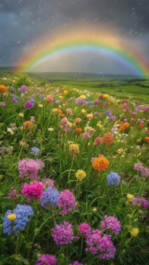 A bright rainbow arcing over a verdant countryside landscape dotted with spring flowers after a refreshing rain shower.