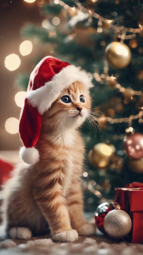 Urocza ilustracja małego kotka w puszystej czapce Mikołaja, bawiącego się błyszczącymi dekoracjami świątecznymi pod wysoką, pięknie udekorowaną choinką.