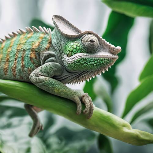 A light gray chameleon resting gracefully on a green leaf, its eyes observing warily.