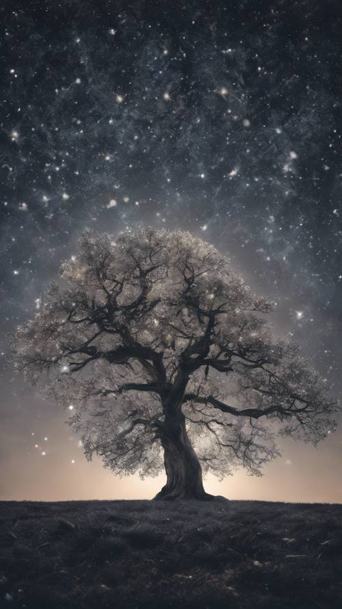 Stare, szare drzewo pod nocnym niebem ozdobione aureolą błyszczących gwiazd.