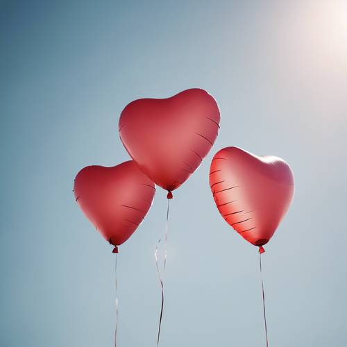 ลูกโป่งรูปหัวใจสีแดงสองลูกลอยอยู่ในท้องฟ้าแจ่มใสและมีแดด
