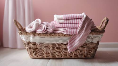 Chaussettes sales à rayures roses et blanches dans un panier à linge.