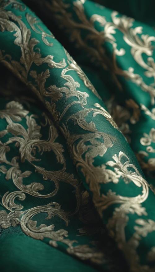 Vista de perto de um luxuoso tecido de damasco verde escuro fluindo em uma brisa suave.