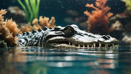 A crocodile in the depths of the ocean, surrounded by offbeat marine life.