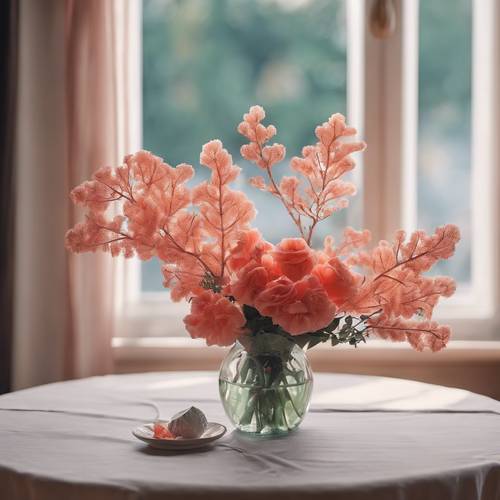 A romantic date setting with a vase of coral flowers on the table. Tapeta [ea951b67e98b46d8bc82]