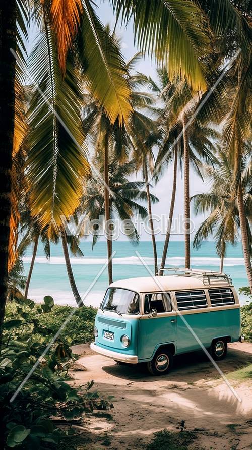 Tropical Beach and Vintage Van Scene