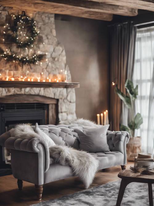 A plush light gray velvet couch placed cozily by a roaring fireplace in a rustic living room.