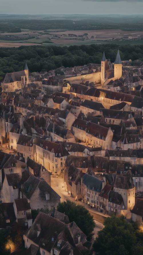 Gambaran modern tentang kota abad pertengahan Burgundy, Prancis, yang menggambarkan pemandangan malam yang ramai dengan drone yang mengantarkan anggur Burgundy.
