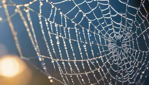 Eine Nahaufnahme eines taubedeckten Spinnennetzes, wobei jeder Tropfen einen kleinen blauen Regenbogen reflektiert.