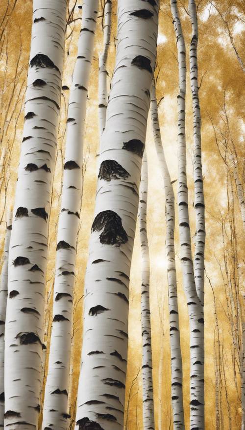 A surreal golden forest with white birch trees standing tall.