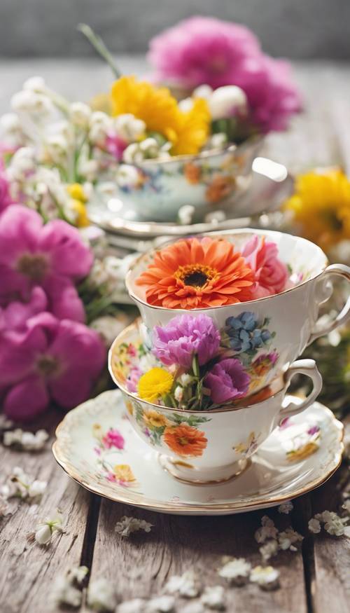 Tasses à thé vintage disposées avec des fleurs printanières colorées fraîchement coupées sur une table en bois.