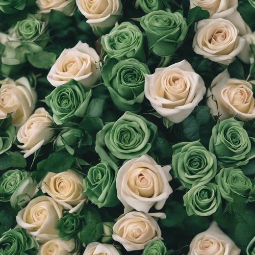Buket bunga mawar terbuat dari bahan beludru hijau.