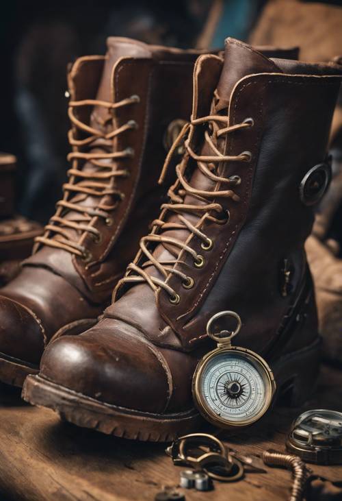 A pair of old leather boots with steampunk modifications such as integrated compasses and hidden compartments