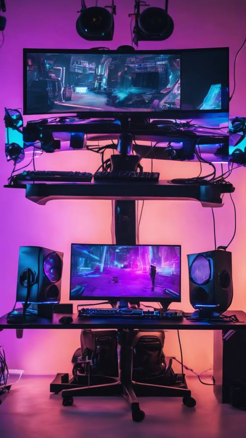 一套高科技游戏装置，配有三台显示器，散发着绚丽的蓝色和紫色霓虹灯。