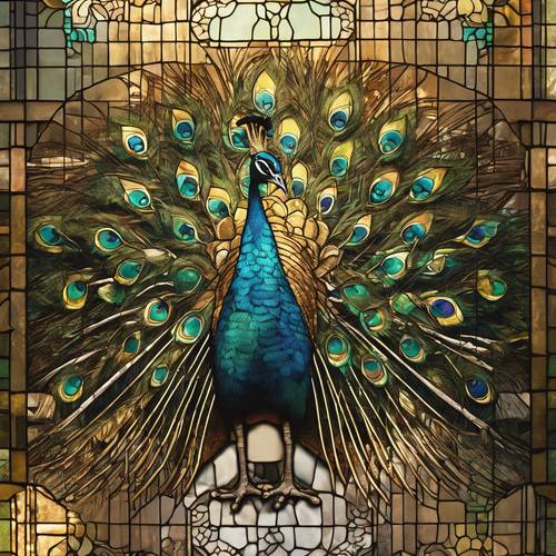 طاووس يظهر في نافذة زجاجية ملونة عتيقة، يشع في ضوء الصباح.