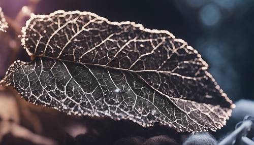 현미경의 밝은 빛 아래에서 검은 잎의 고해상도 이미지입니다.