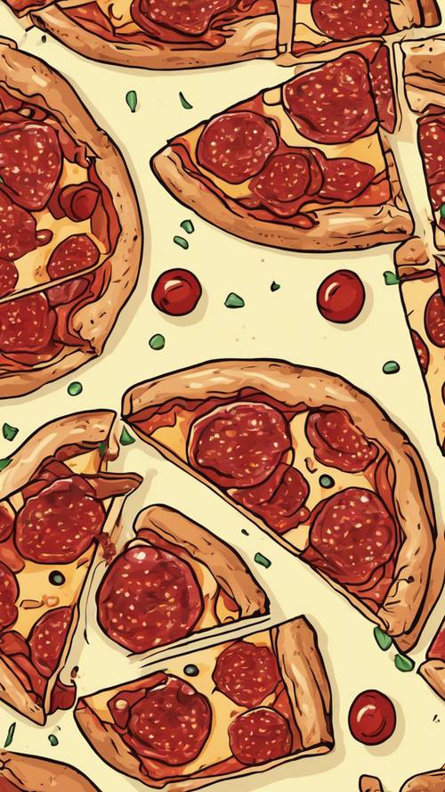 Ilustracja w stylu pop-art przedstawiająca klasyczną pizzę pepperoni.