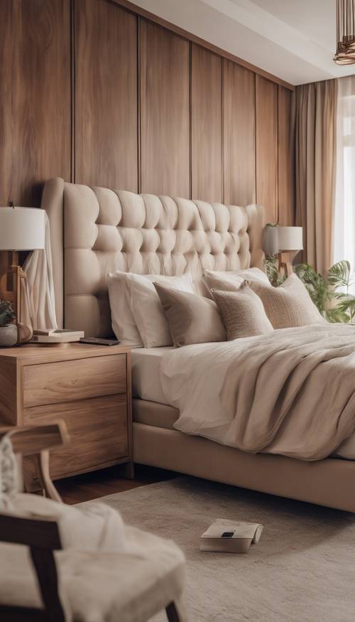 Kamar tidur utama yang nyaman dan menarik dengan tempat tidur king size besar, meja samping kayu, dan skema warna krem.