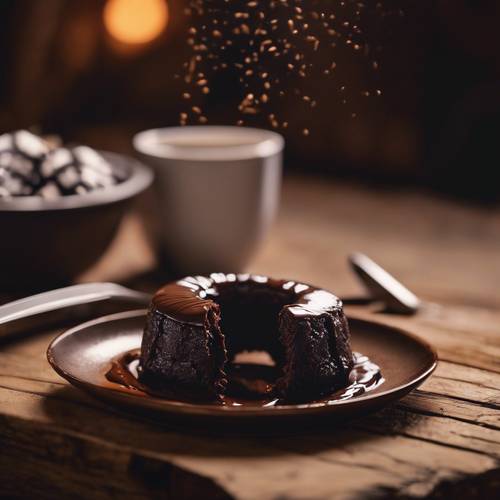Um bolo de lava de chocolate amargo, com o núcleo derretido fluindo, sobre uma mesa de madeira rústica em um ambiente romântico e mal iluminado.
