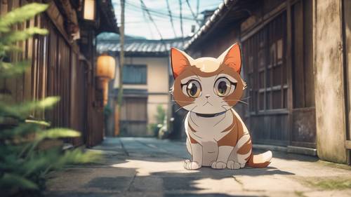 Une scène de style anime représentant un chat mignon aux grands yeux exagérés, traînant dans une ruelle japonaise à l’ancienne.