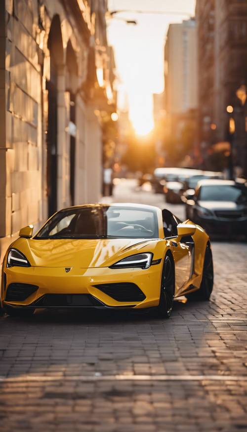 Um elegante e moderno carro esportivo amarelo estacionado em uma rua da cidade ao pôr do sol.