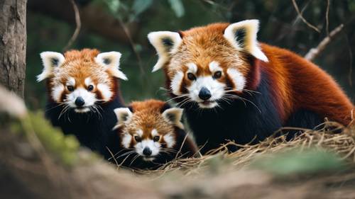Sevgi dolu bir Kızıl Panda annesi, gizli bir yuvada yavrularını emziriyor.