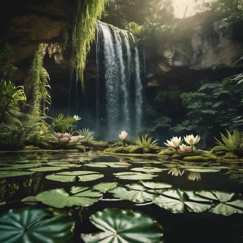 Un jardín acuático parecido a un oasis con nenúfares, helechos y una impresionante cascada de aguas cristalinas que cae sobre una formación rocosa.