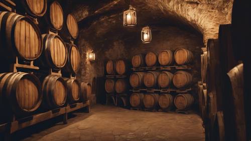 一个隐秘的法国乡村酒窖，里面有装满陈年葡萄酒的旧木桶，灯光昏暗、闪烁。