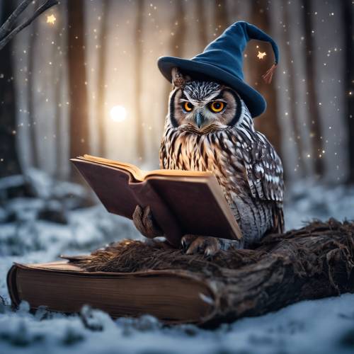 بومة ترتدي قبعة ساحرة تقرأ كتابًا قديمًا في غابة غامضة مضاءة بقمر مكتمل.