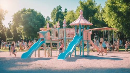 Çocuklarla dolu, halka açık canlı bir parkta yer alan parlak pastel mavi oyun alanı.