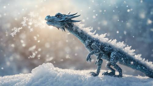 A tiny dragon blowing tiny clouds of frost against a glittering, snowy backdrop.