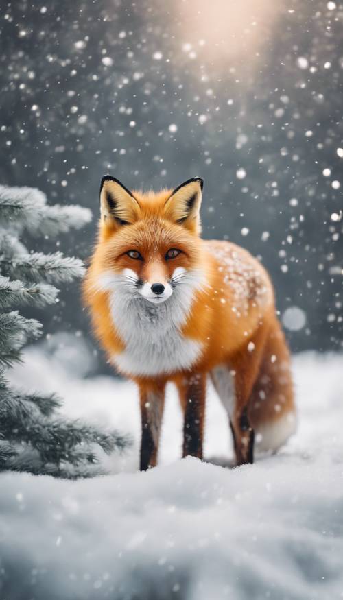 Una soffice volpe arancione in un paese delle meraviglie invernale con la neve che cade dolcemente intorno.