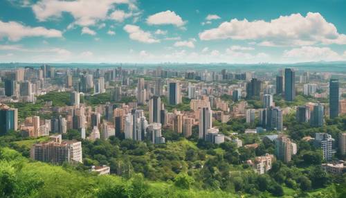 A breathtaking cityscape under the clear blue sky and surrounded by green landscapes.