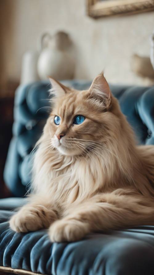 Une peinture représentant un chat aux cheveux longs et aux yeux bleus posé paresseusement sur un élégant coussin de velours dans un appartement parisien vintage.