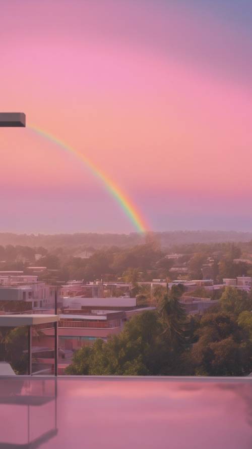 A window view of a soft pastel rainbow against a pink sunset sky.