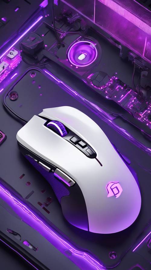 A close up of a high tech gaming mouse with matte purple and glossy white color scheme on a dark desk.
