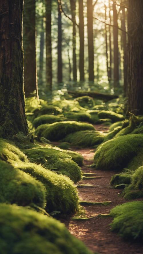 令人放松的森林浴场景，一条迷人的苔藓小径蜿蜒穿过高耸的雪松，阳光透过树叶照射下来，创造出一个自然的平静避难所。