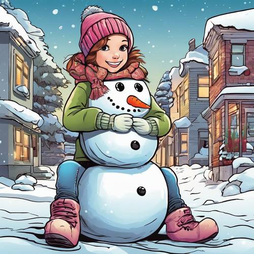 A cute cartoon girl wearing a jumper and a beanie, making a friendly snowman on a cold winter day. Wallpaper [6c5d9b56229c48978c55]