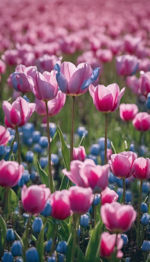 Tulip biru berkilauan berdiri tegak di tengah ladang bunga poppy merah muda liar.