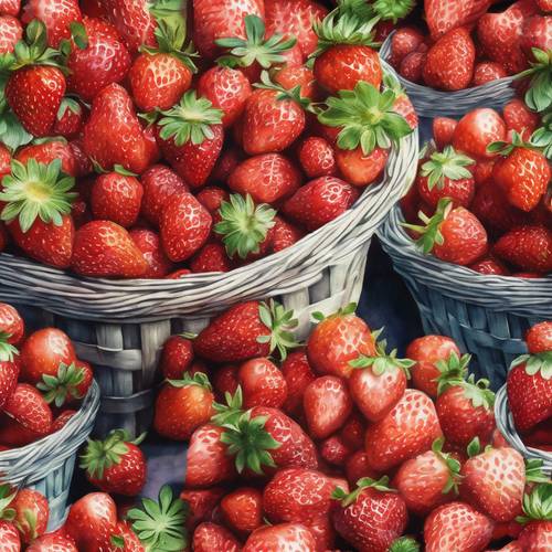 这是一幅色彩鲜明的水彩画，画中画的是满满一篮子新鲜采摘的草莓。