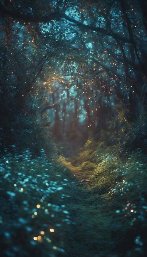 Einbruch der Nacht in einem üppigen, magischen Wald voller bezaubernder, biolumineszierender Pflanzen.